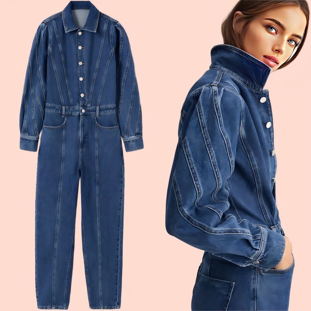 Mango Denim Jumpsuit Pufffed Sleeves New - Picture 2 of 6